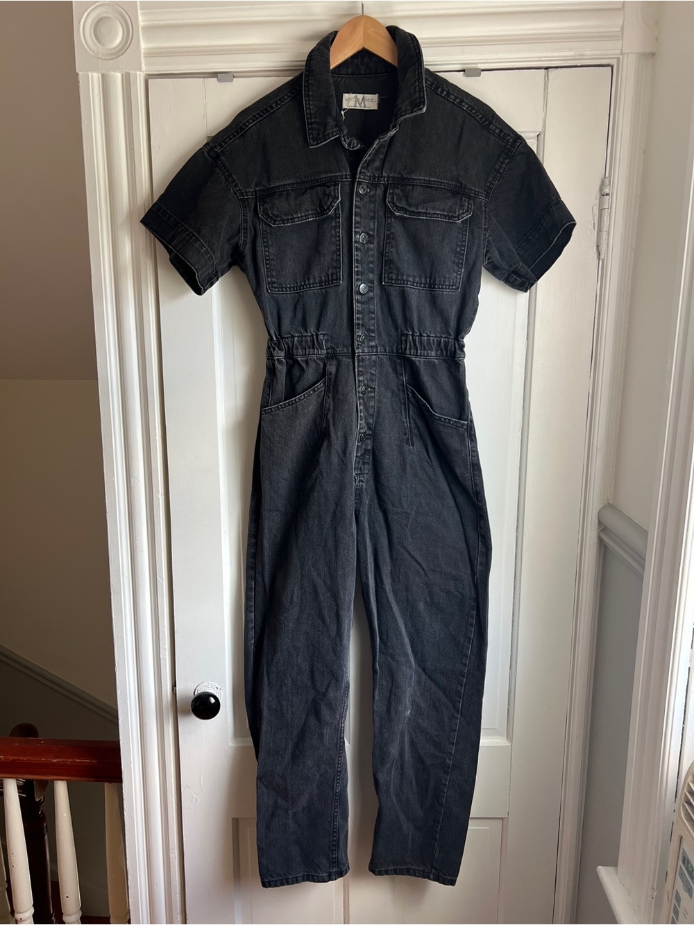 Free People Marci Coveralls Black Washed Denim Jumpsuit Short Sleeve Medium